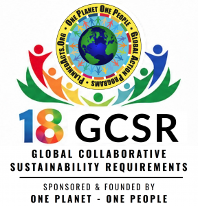 Global Collaborative Sustainability Requirements Logo with Earth in the Center being uplifted by multi-colored hands with the text 18 GCSR and One Planet - One People below