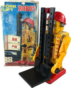 Scarce and highly desirable Horikawa (Japan) boxed Fork Lift Robot, combining the classic tinplate robot form with an unusually-elaborate working forklift mechanism. Estimate: $2,500-$3,500
