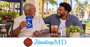 AI-generated smiling man holding a Florida sample parking placard; HandicapMD logo and red Disability Placards seal.