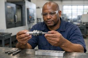 A machinist checks the machine tap clamped in a tapping holder at the bench before the next job, at a machine shop in Gqeberha.