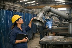 A workshop supervisor checks the position of a fume extraction hood over a welding bench, in a steel fabrication workshop in Germiston.
