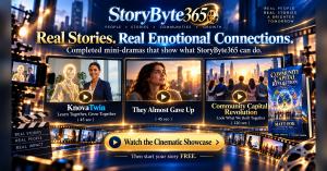 **StoryByte365 Cinematic Showcase: Bringing Ideas, Emotions, and Collaboration to Life**  This premium cinematic banner highlights three completed StoryByte365 mini-drama productions, represented through dramatic promotional scenes, glowing play symbols, 