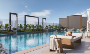 rooftop swimming pool and sun loungers with view of Dubai