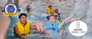 A family and other visitors enjoying the waterpark at Studio City Macau.