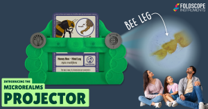 A banner of the MicroRealms Projector projecting a bee leg, with a family looking at the projectino in awe.