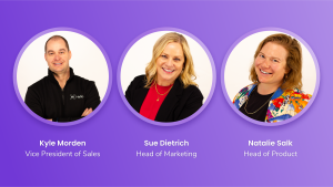 Headshots of HiHello's newest leadership hires: Kyle Morden (VP of Sales), Sue Dietrich (Head of Marketing), and Natalie Salk (Head of Product)