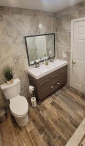 Contemporary bathroom remodel with double-sink vanity, wall-mounted mirror, modern tile wall, and wood-look floor—completed by Bathrooms by J. Blanton in Chicago.