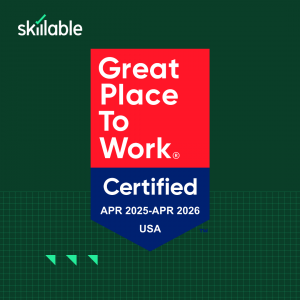 Image of the Great Place to Work badge on a Skillable green background.