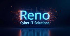 Blue and Orange Glowing words: "Reno Cyber IT Solutions" with cybersecurity symbolism emanating around the words.