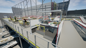 3D rendering of the automated order picking process that will be implemented at OneMed, which includes a RovoFlex