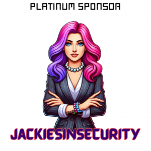 Alt text: Graphic recognizing JackiesInSecurity as a Platinum Sponsor. At the top, black text reads “PLATINUM SPONSOR.” In the center is a stylized illustration of a woman with pink and purple hair, wearing a dark blazer, pearl necklace, and b