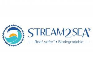 The Stream2Sea logo, a representation of the sun and sea in a circle, the words 'Stream2Sea' and the tagline Reef-Safer, Biodegradable