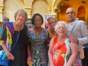 Collage of images showing smiling guests, vibrant youth art on easels, and attendees of all ages engaging at a community art event in Sarasota.