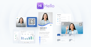 HiHello Professional Presence Platform with digital business card, QR code, virtual background, email signature, analytics, and CRM integrations.
