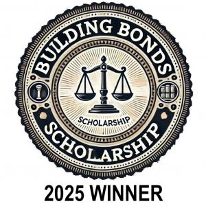 Building Bonds Scholarship 2025 Winner seal with justice scales, awarded by ProbateCourtBond.com