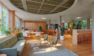 Rendering of Anchour’s new Maine HQ with open workspace, wood accents, plants, and collaborative seating.