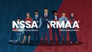 Illustration of diverse financial professionals standing together on a split blue-and-red background, with large text reading NSSA® (National Social Security Advisors) and IRMAA® (IRMAA Certified Planners).