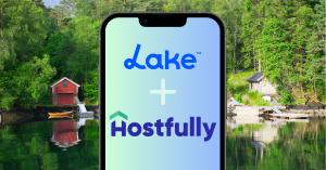 Lake.com + Hostfully logos alongside a lakeside cabin and boathouse