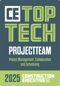 Construction Executive 2025 Top Tech award badge recognizing ProjectTeam for excellence in project management, collaboration, and scheduling.