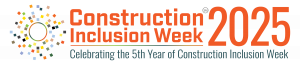 Alt Text: Construction Inclusion Week 2025 logo. The design features a circular burst of multicolored squares surrounding an open ring, symbolizing connection and collaboration. The text reads “Construction Inclusion Week 2025 – Celebrating the 5th Year o