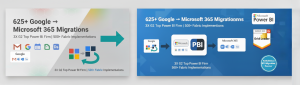 Side-by-side banners for EPC Group advertise “625+ Google → Microsoft 365 Migrations.” Left: light hex background, Gmail/Google icons, arrow to Microsoft tiles/Power BI; tagline “3X G2 Top Power BI Firm | 500+ Fabric Implementations.” Right: blue backgrou