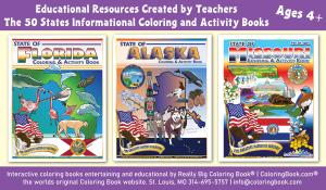 These coloring books are designed to help children learn about each state's geography, symbols, mottos, capital cities, and other significant features through coloring activities.