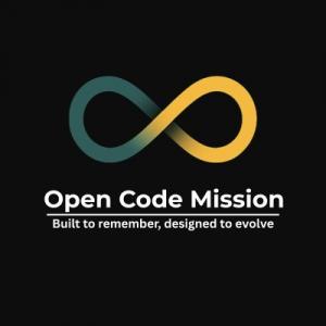 Open Code Mission infinity logo in teal and gold with tagline: Built to remember, designed to evolve