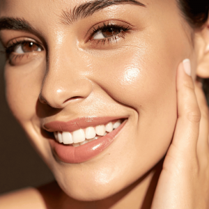 Close-up of a woman with glowing, radiant skin, illustrating the brightening results associated with Karin Herzog’s Swiss oxygen skincare.